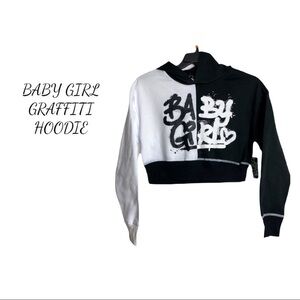 NWT Faded Rose Cropped “Baby Girl” Graffiti Hoodie, Black & White